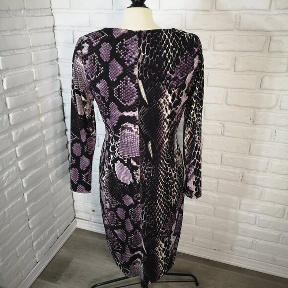 David Meister Ladies Size 10 Purple Cream & Black V-neck Snakeskin Print Dress - Picture 2 of 10